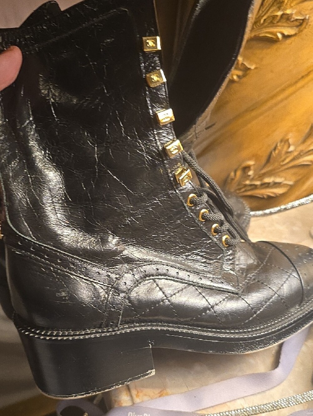 Chanel Black Combat Boots with Gold Square Studs - Picture 9 of 10